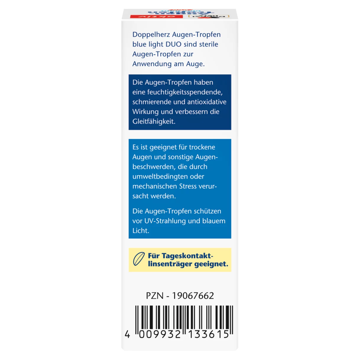 Abbildung der Produktverpackung Doppelherz aktiv Augen-Tropfen blue light DUO Rückansicht